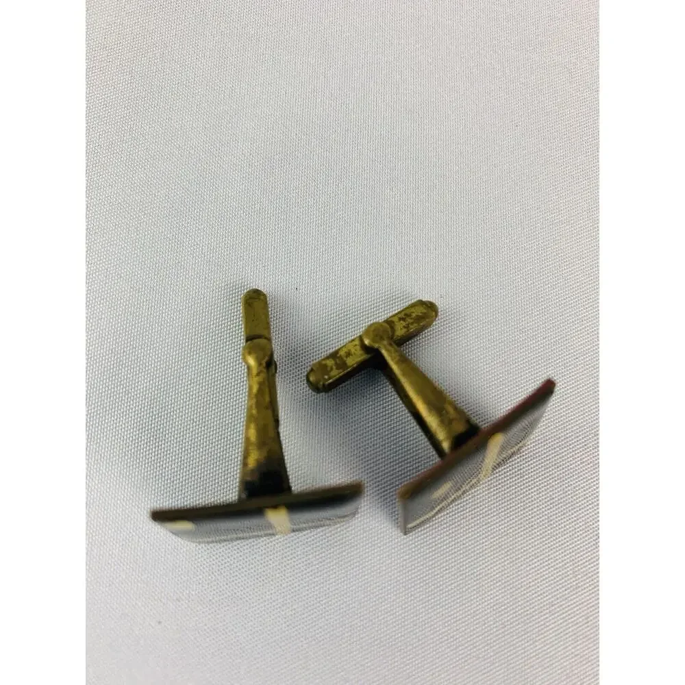 Vintage Men's Enameled Goldtone and Black Square Cufflinks Artsy Retro Toggle